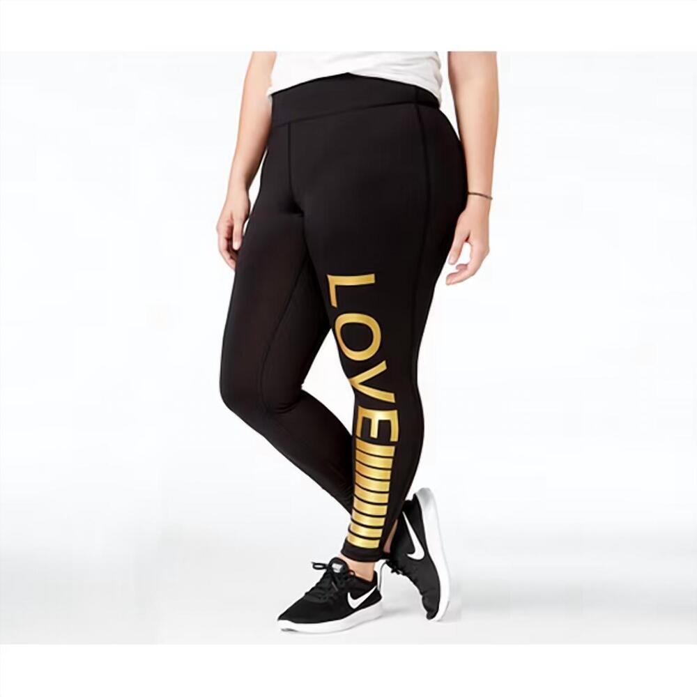 NEW MATERIAL GIRL women's active plus size metallic love graphic leggings in bla